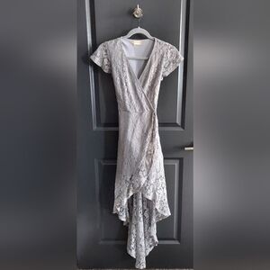 Altar'd State Asymmetrical Lace Dress in Gray With Metalic Shimmer